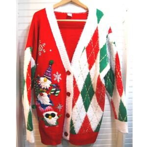 Ugly Christmas Sweater Womens Sz‎ 1XL 16W-18W Holiday Time Gnome Cardigan Argyle